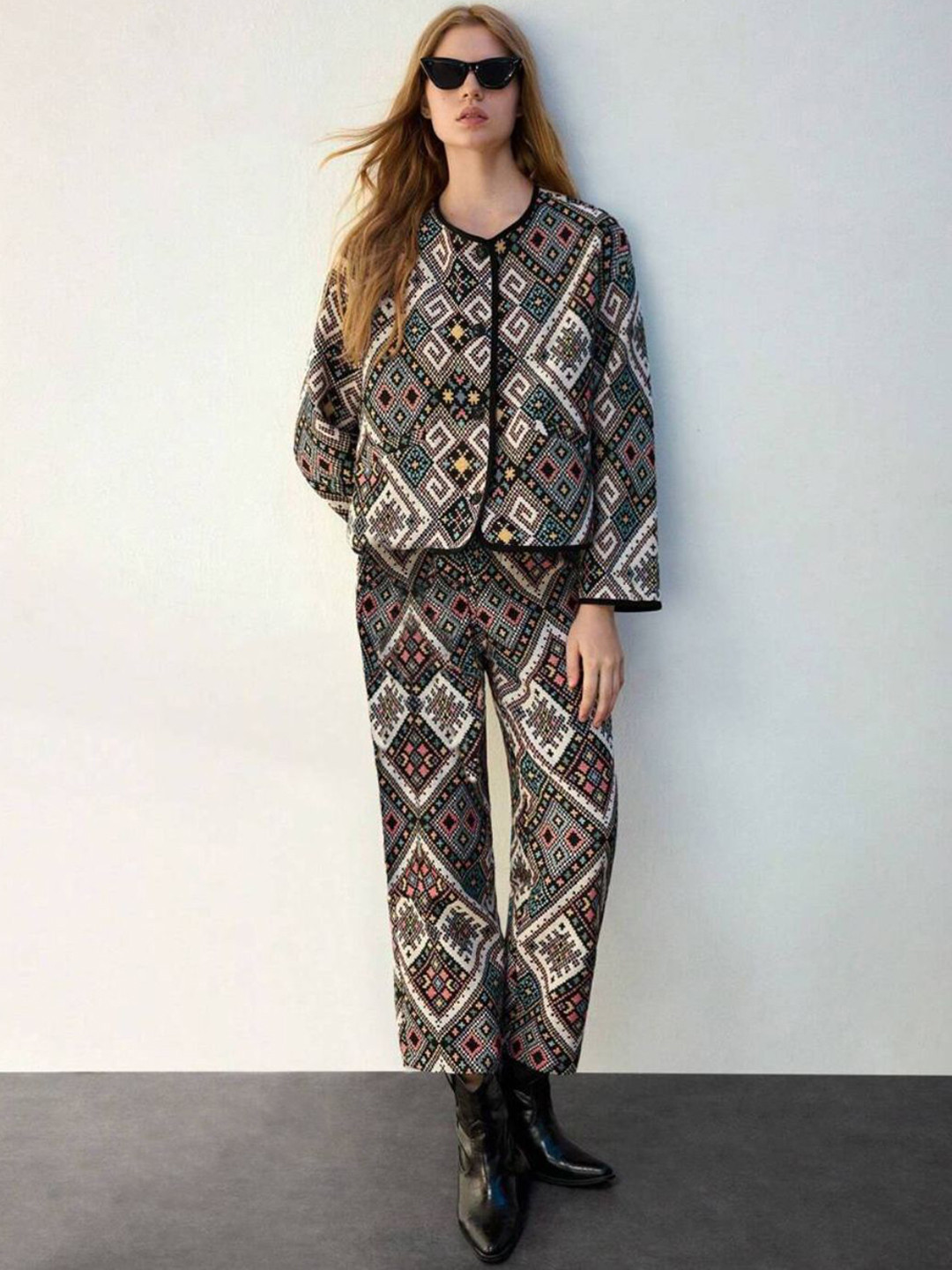 BAESD Trendy 3 Piece Printed Lycra Jacket Crop Top & High-Waist Trousers Co Ord Set