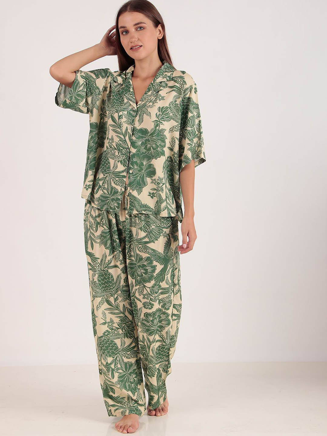 Masha Women Printed Lapel Collar Shirt and Pyjamas Night suit