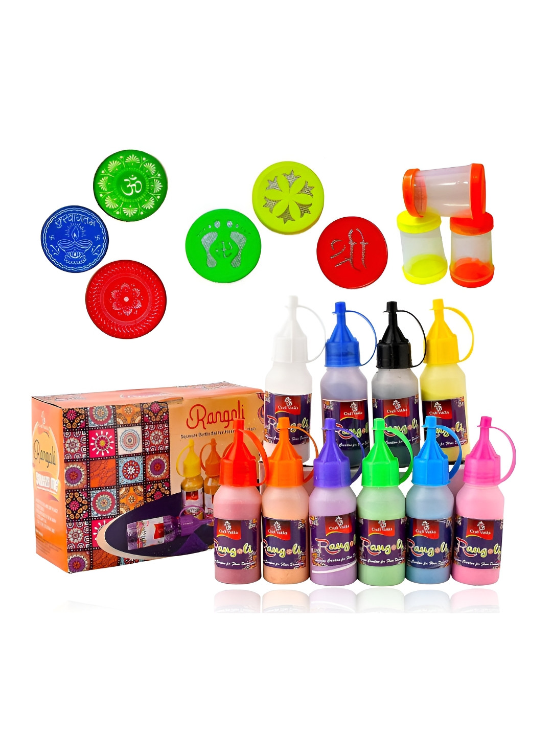 CraftVatika Yellow & Green 19 Pieces Rangoli Powder Bottles Tubes With Nozzles