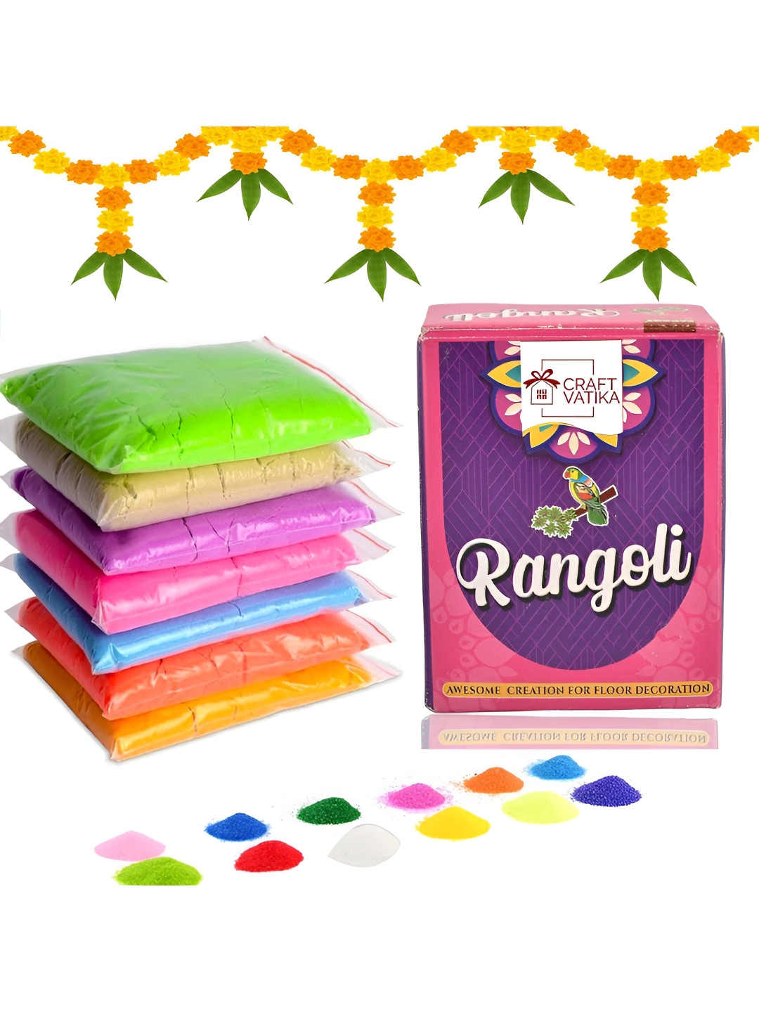 CraftVatika Green & Yellow 7 Pieces Diwali Decoration Rangoli Powder - 80 g Each