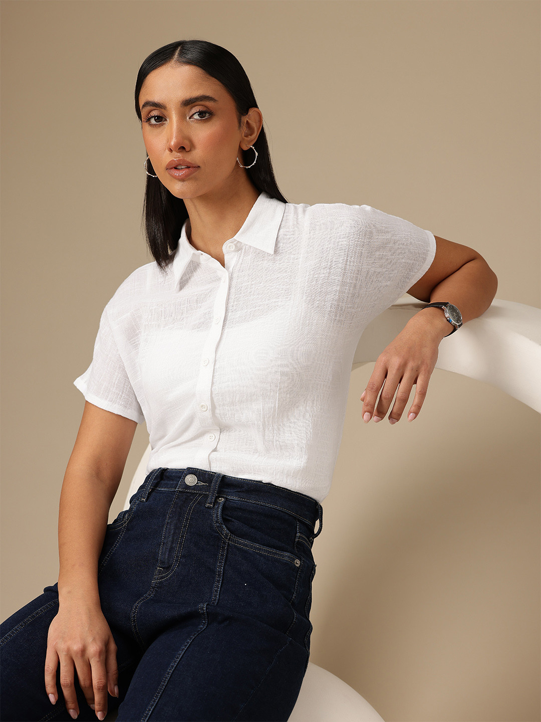 Chemistry Standard Extended Sleeves Semi Sheer Pure Cotton Longline Casual Shirt