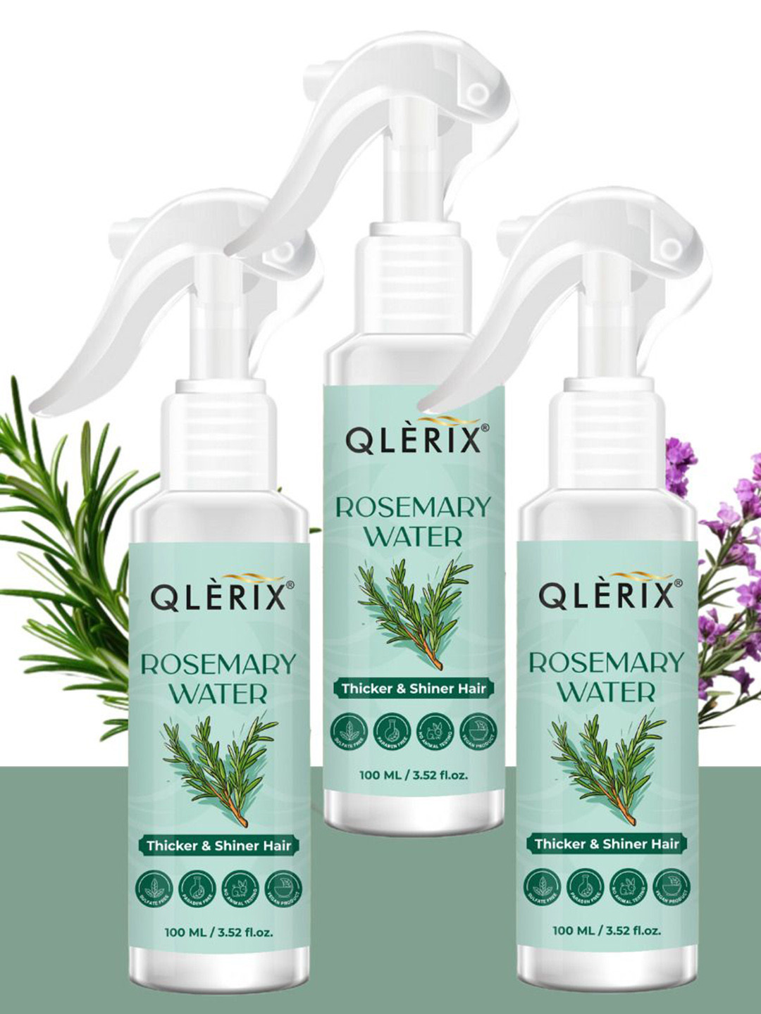 QLERIX Set Of 3 Rosemary Water Spray For Thicker- Shiner & Stronger Hair - 100 ml Each
