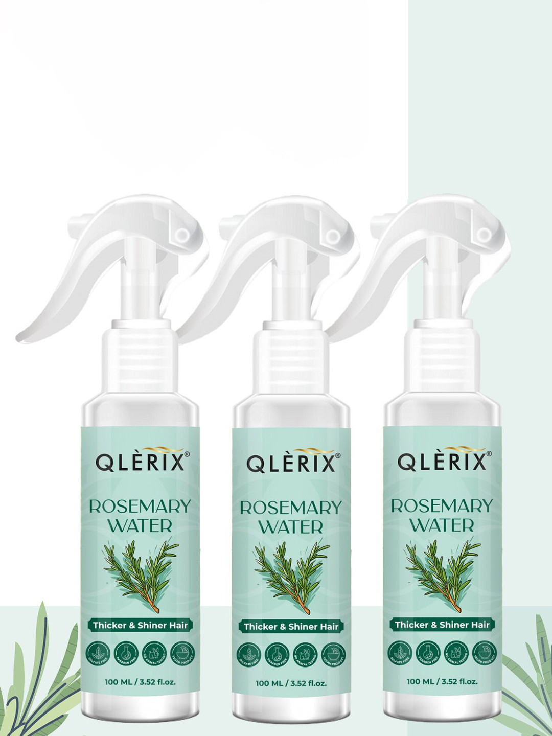 QLERIX Set Of 3 Rosemary Water Spray For Thicker- Shiner & Stronger Hair - 100 ml Each