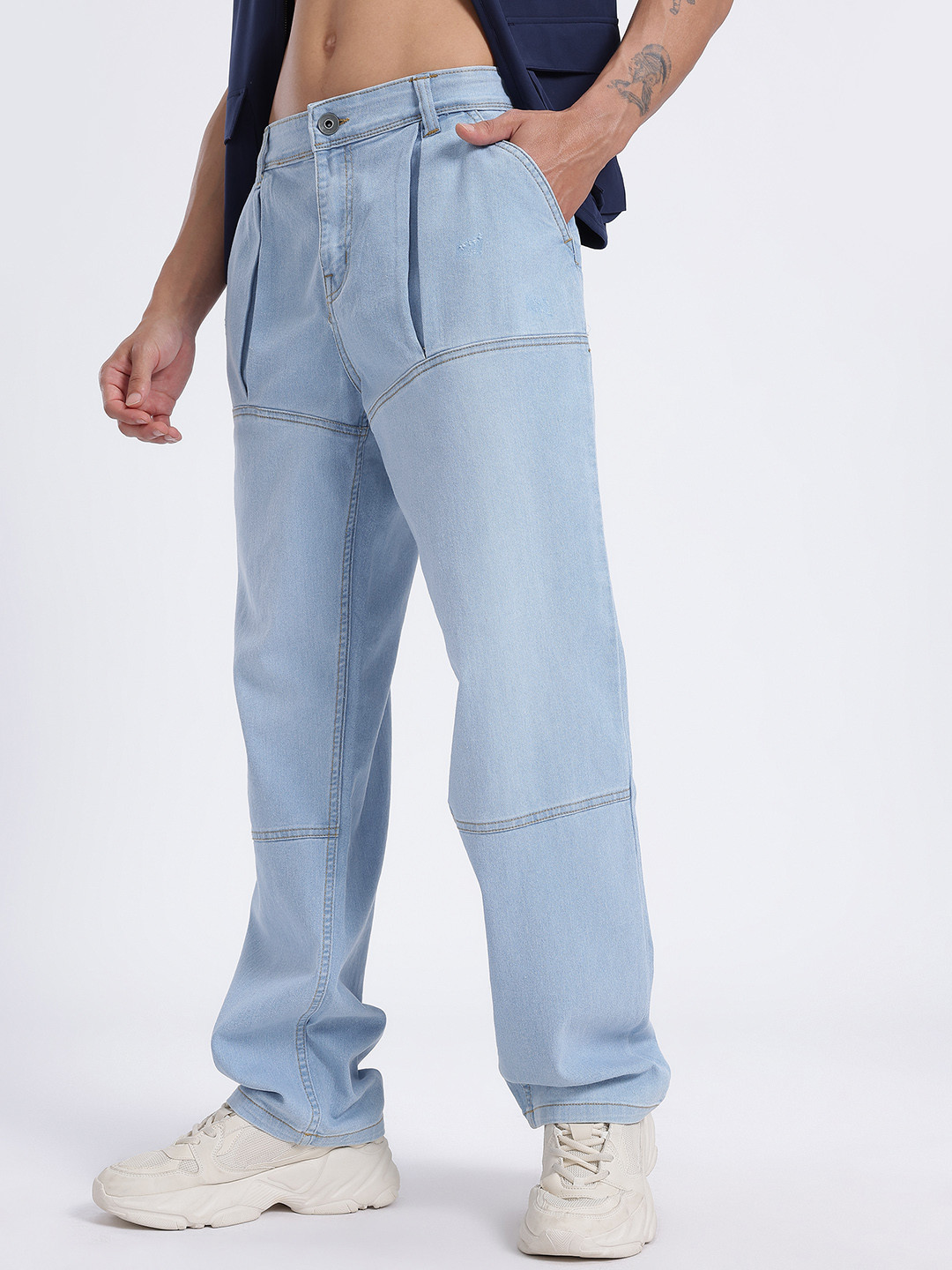 glitchez Men Mid-Rise Panelled Stretchable Loose Straight Fit Jeans