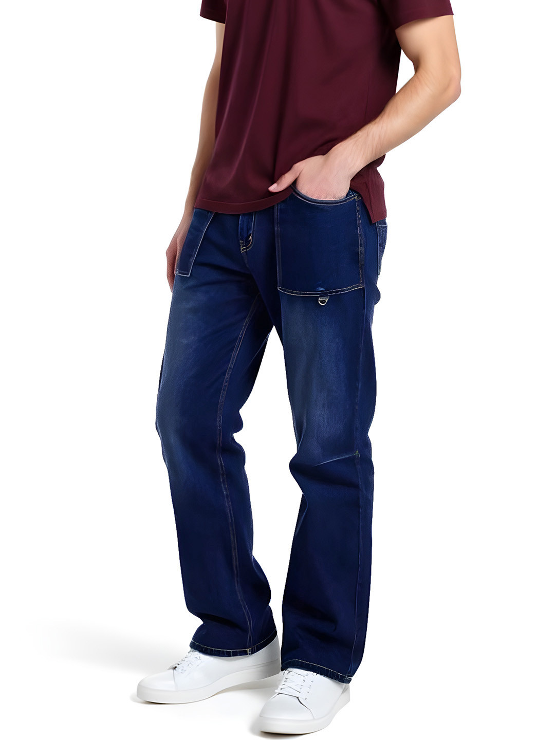 glitchez Men Loose Fit Buckle Detail Mid-Rise Light Fade Jeans