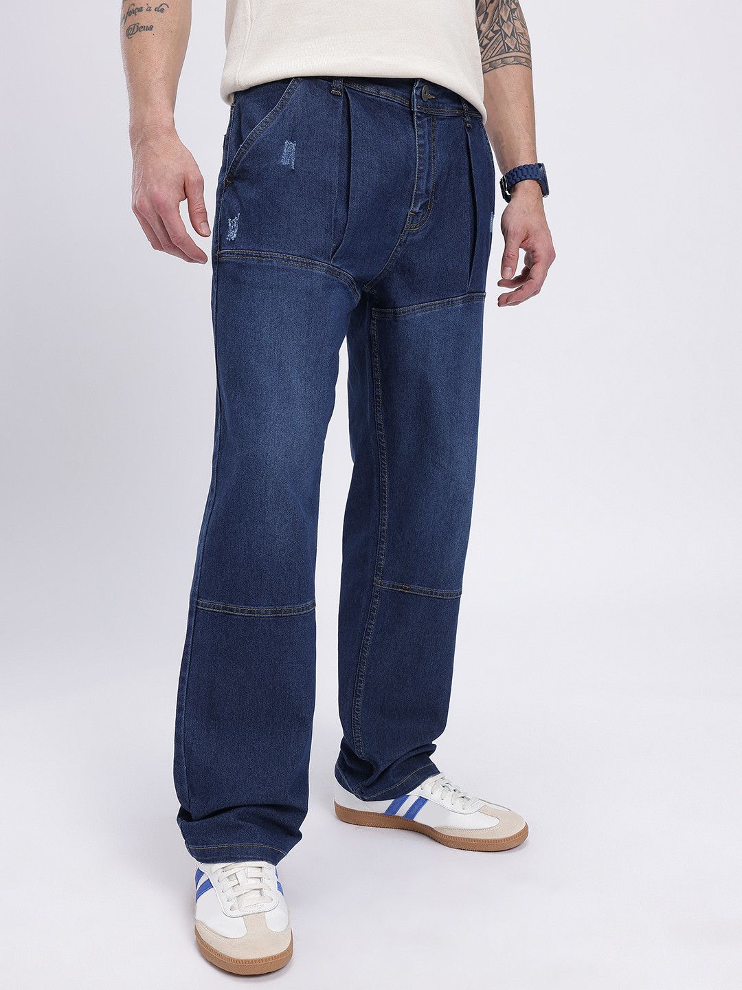 glitchez Men Cat Scratches Pleated Panelled Relaxed Fit Jeans