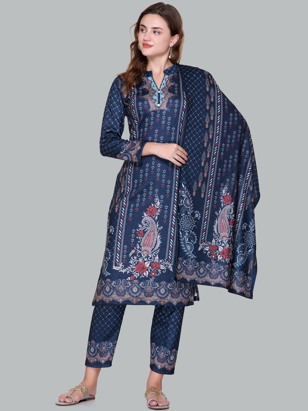 Pink Berry Floral Printed Mandarin Collar Straight Kurta With Trousers And Dupatta