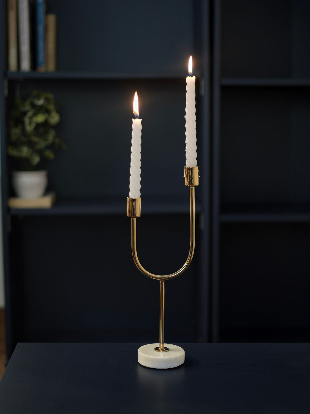 BEHOMA Gold Toned U Shape Metal & Marble Candle Stick Holder