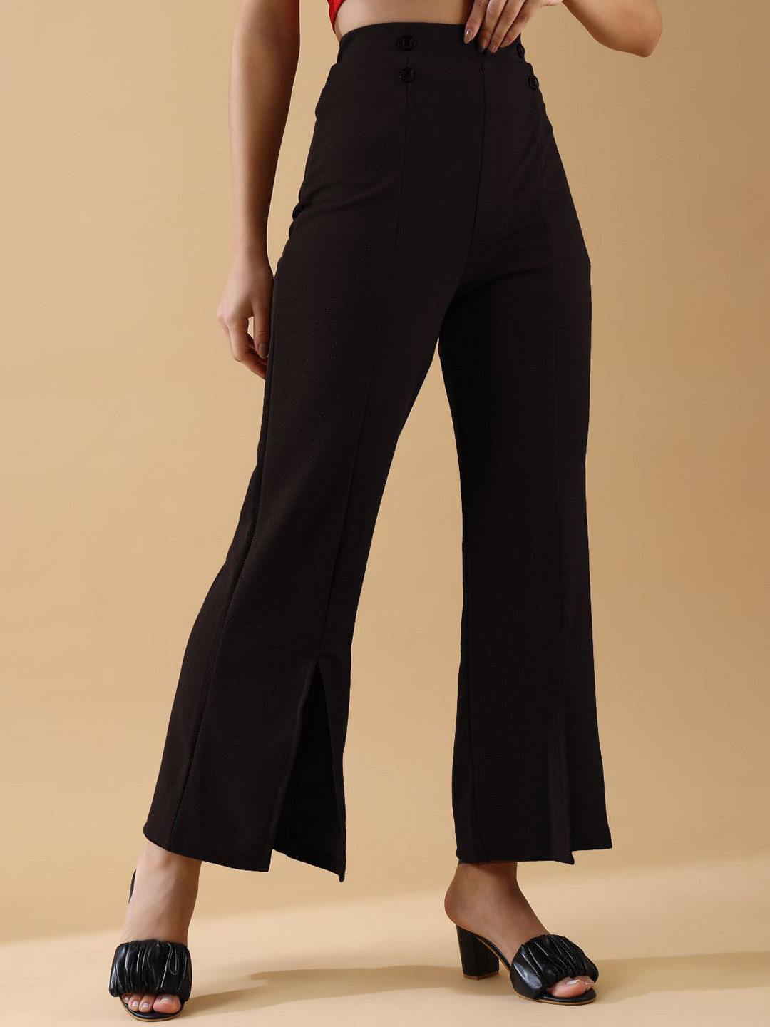 DressBerry Women Flared High-Rise Side Slits Wide Leg Trouser
