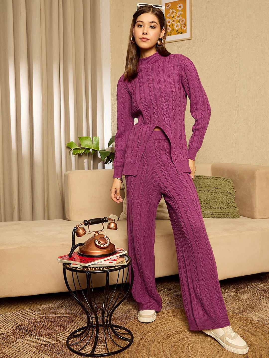Berrylush Purple High Neck Sweater With Trouser