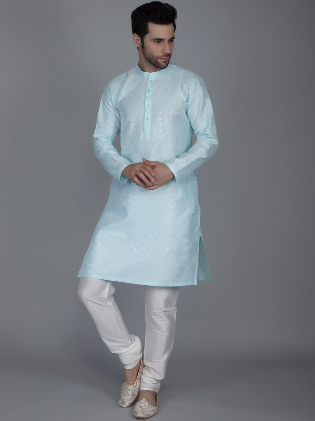 Ethluxis Woven Design Embroidered Mandarin Collar Straight Thread Work Kurta With Churidar