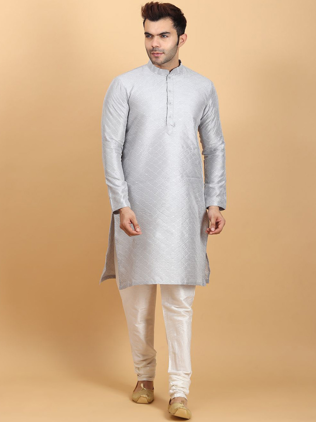 Ethluxis Woven Design Embroidered Mandarin Collar Straight Thread Work Kurta With Churidar
