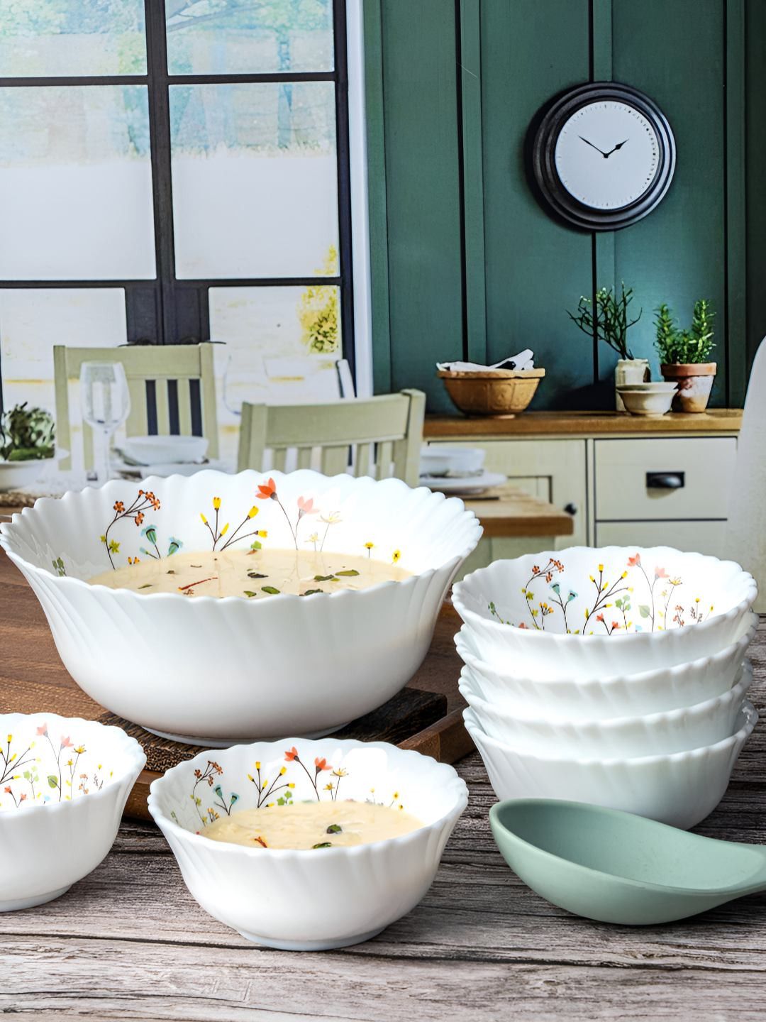 Cello White & Red 7 Pieces Floral Printed Opalware Dishwasher Safe Pudding Bowl Set