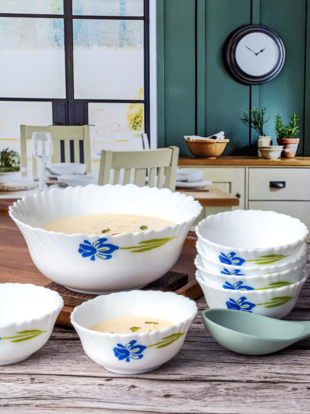 Cello White & Blue 7 Pieces Floral Printed Opalware Dishwasher Safe Pudding Bowl Set