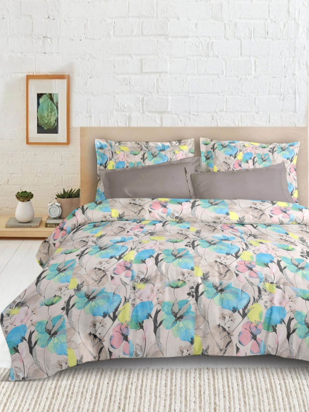 Enchant Home Khaki Floral Cotton Breathable 210 TC Queen Fine Bedsheet with 2 Pillow Covers-254 x 228 cm