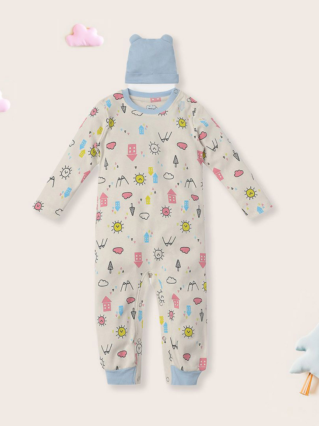 Nauti Nati Boys Printed Pure Cotton Romper With Contrast Beanie
