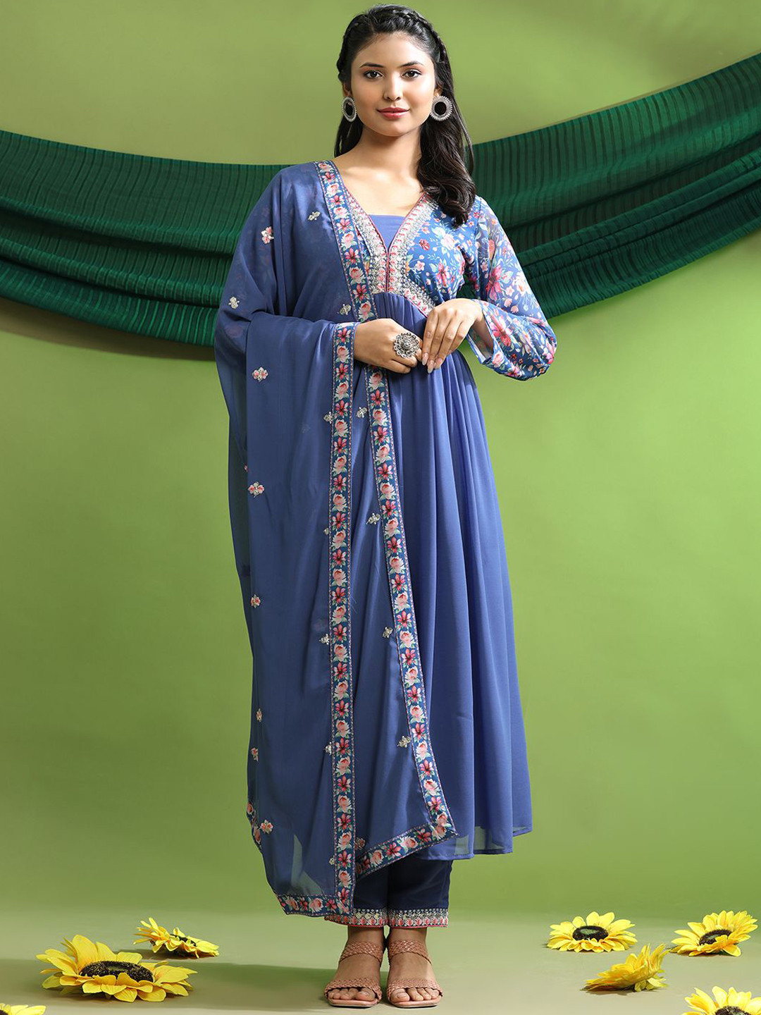 Pionex Ethnic Motifs Embroidered Georgette V-Neck Empire Kurta With Trousers & Dupatta