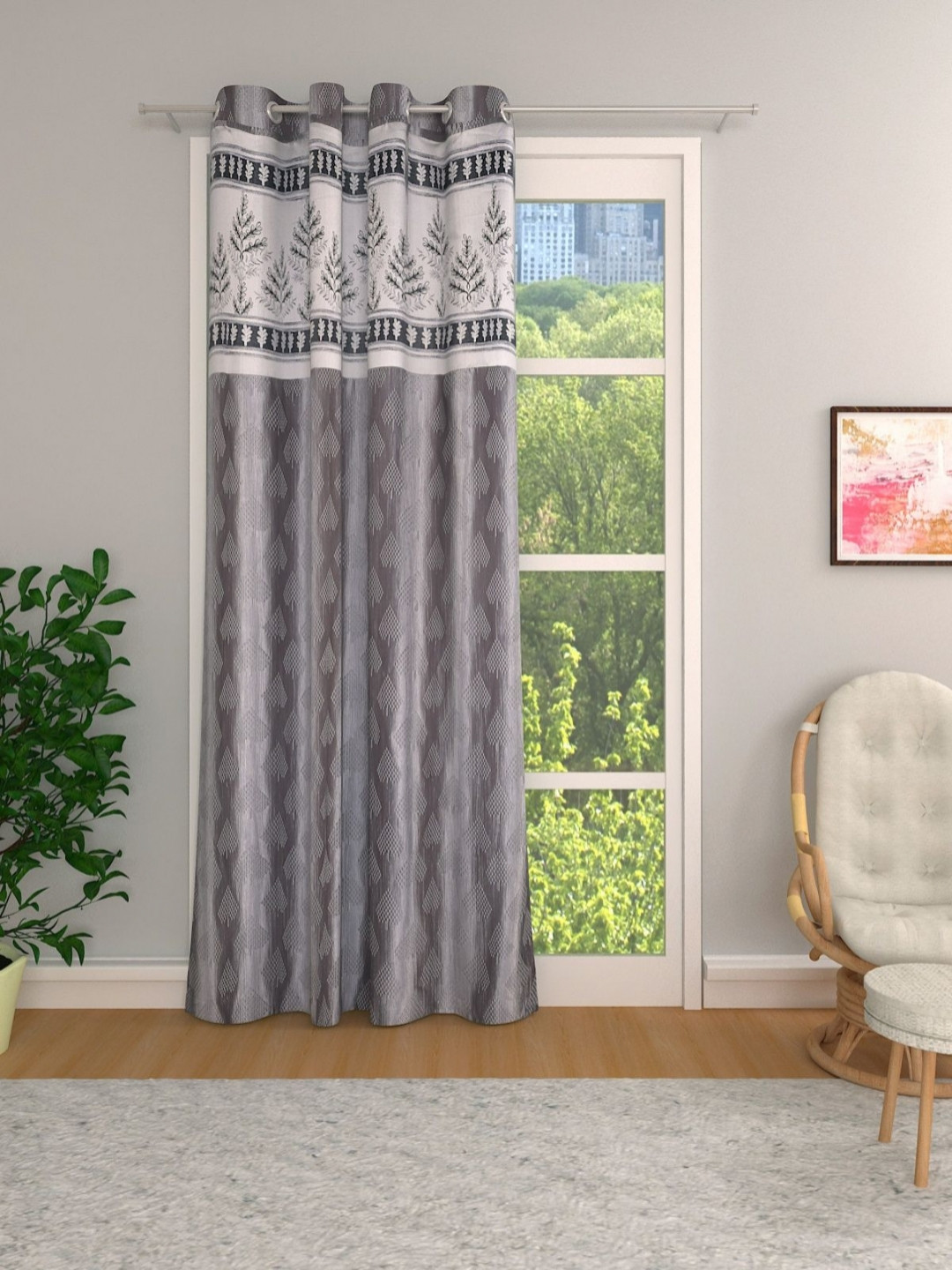 Aura Grey & White Floral Embroided Room Darkening Jacquard Door Curtains