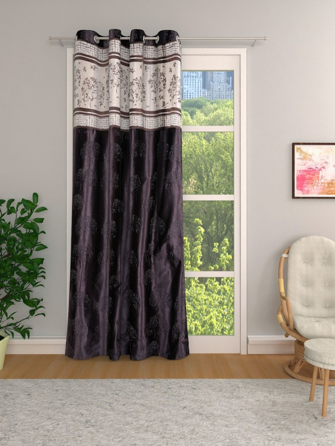 Aura Coffee Brown & White Floral Embroided Room Darkening Door Curtain
