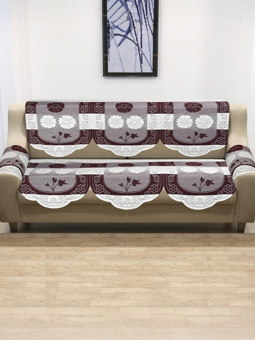 BIGGER FISH Brown & White 3 Seater Sofa Cover With Arms