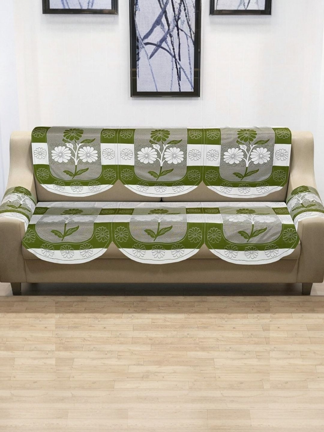 BIGGER FISH Green & White 3 Seater Sofa Cover With Arms Cover
