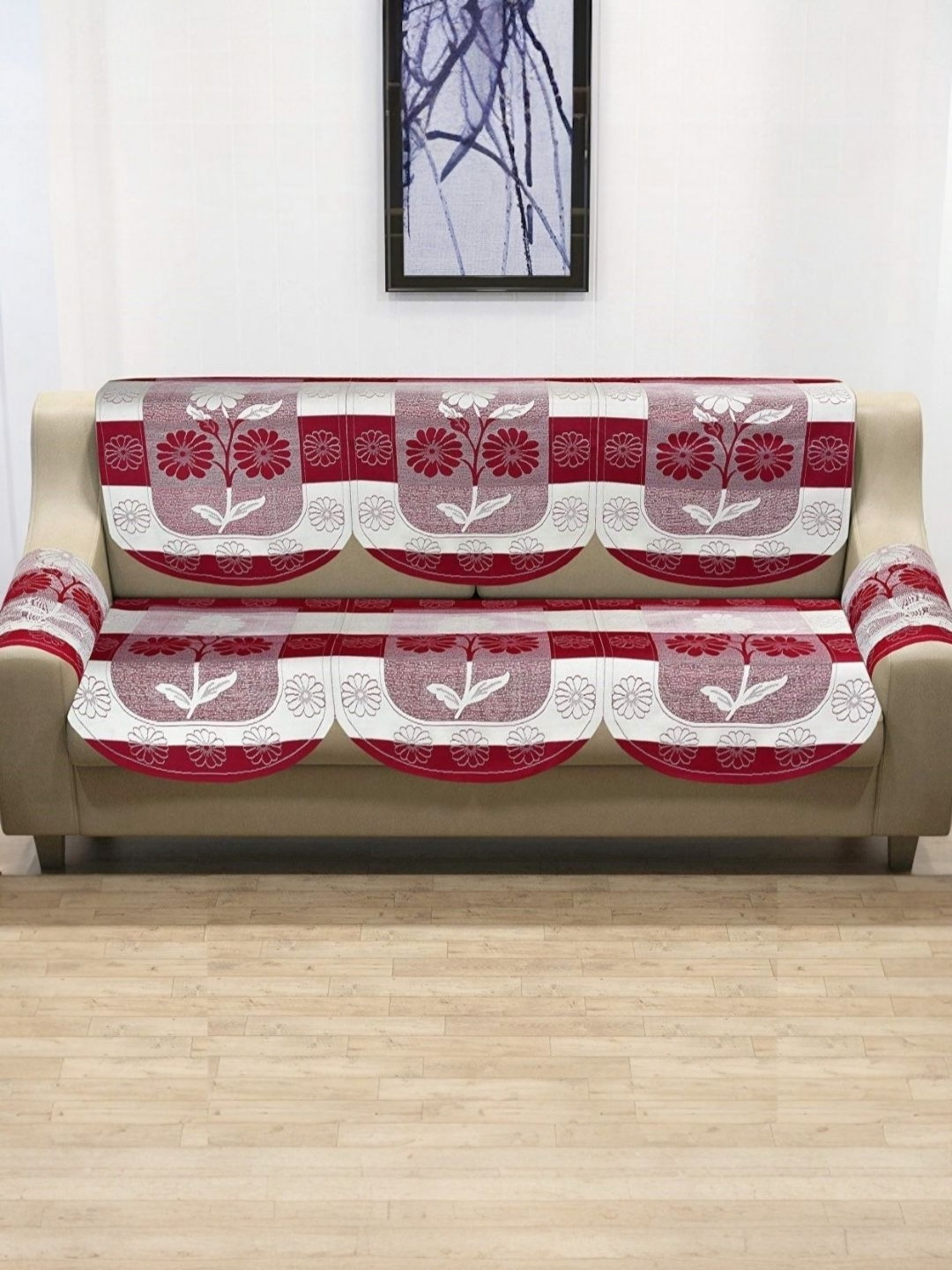 BIGGER FISH Red & White 3 Seater Sofa Cover With Arms Cover