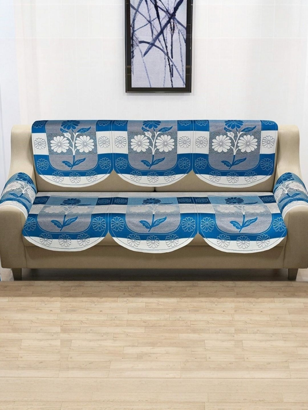 BIGGER FISH Blue & White 3 Seater Sofa Cover With Arms Cover