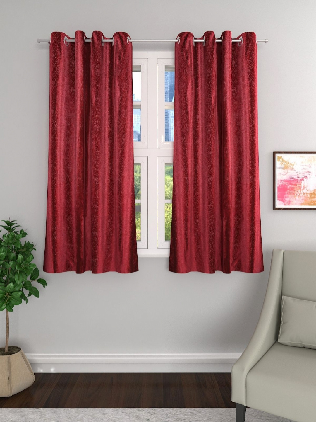 Aura Maroon 2 Pieces Ethnic Motifs Damask Room Darkening Door Curtains