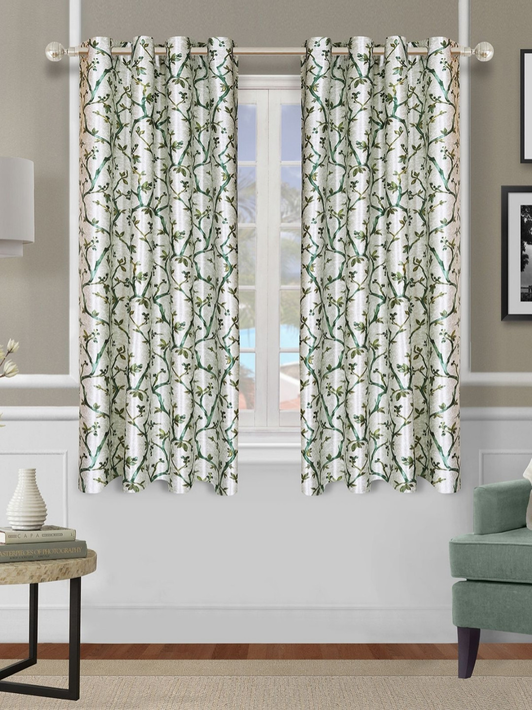 Aura Green and White 2 Pieces Floral Printed Room Darkening Door Curtains