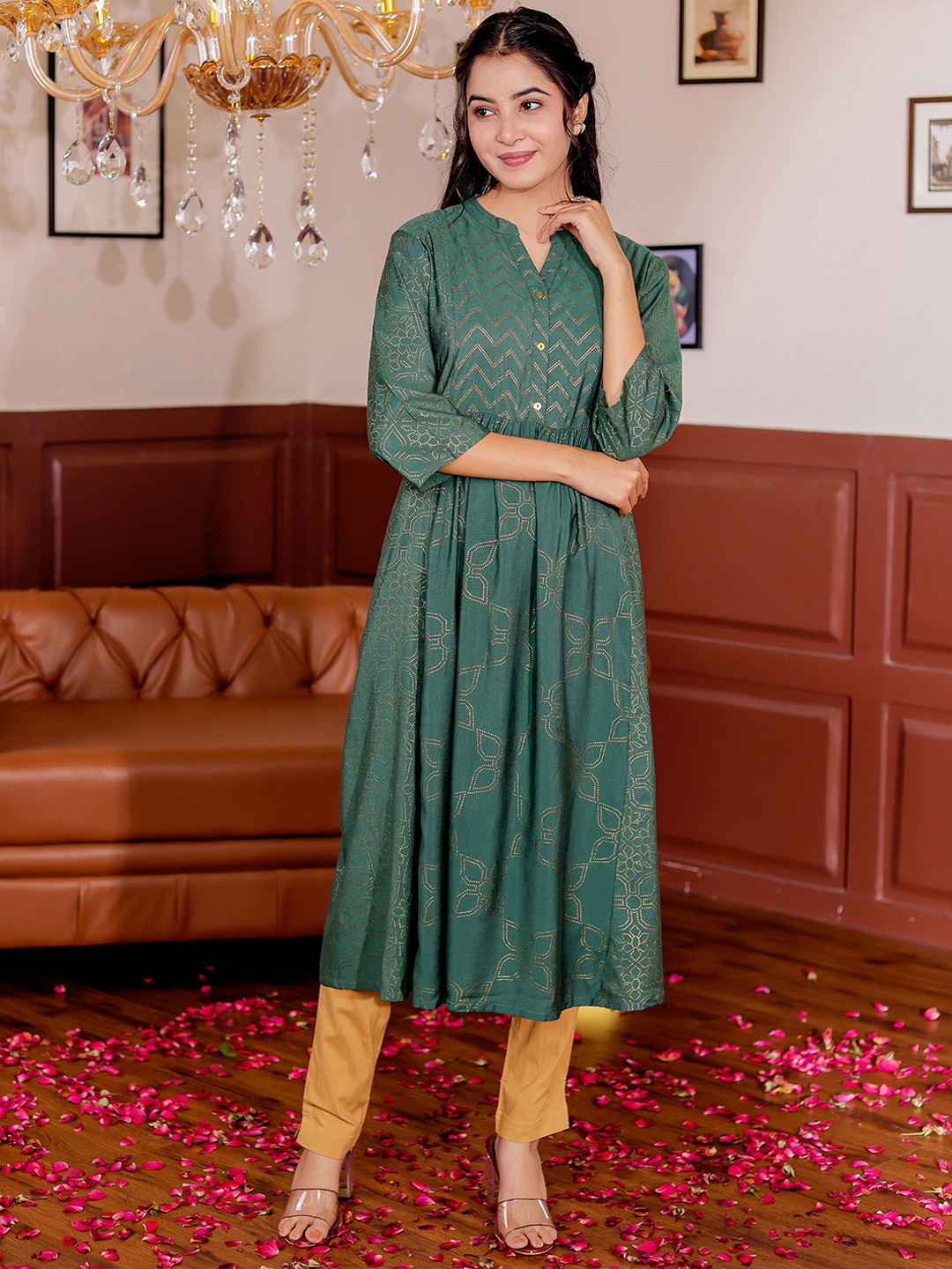 Chandbaali Ethnic Motifs Printed Mandarin Collar Work A Line Kurta