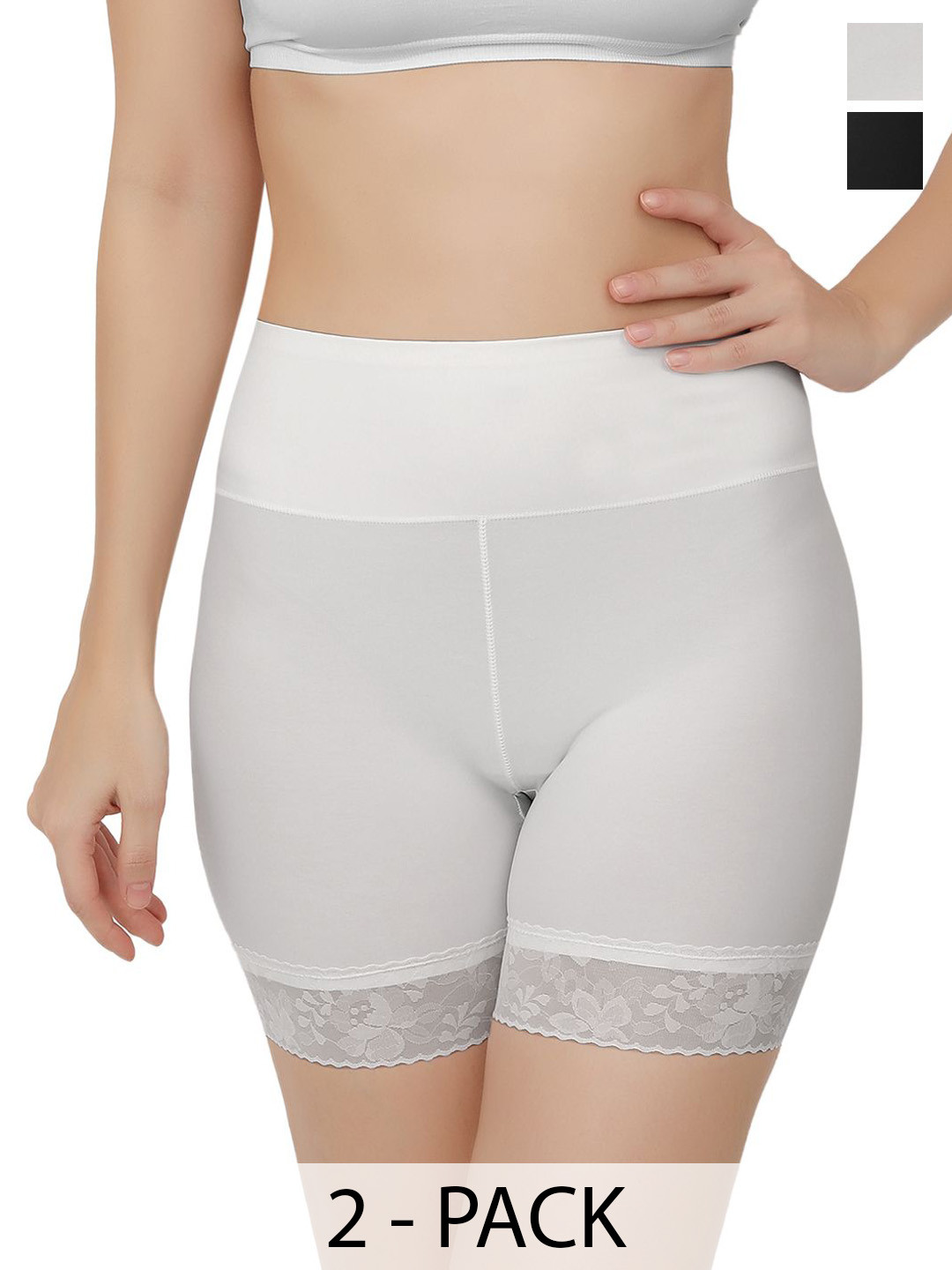 Bella Voste Pack Of 2 Boy Shorts Briefs With Lace SH-1658-Black-White-M