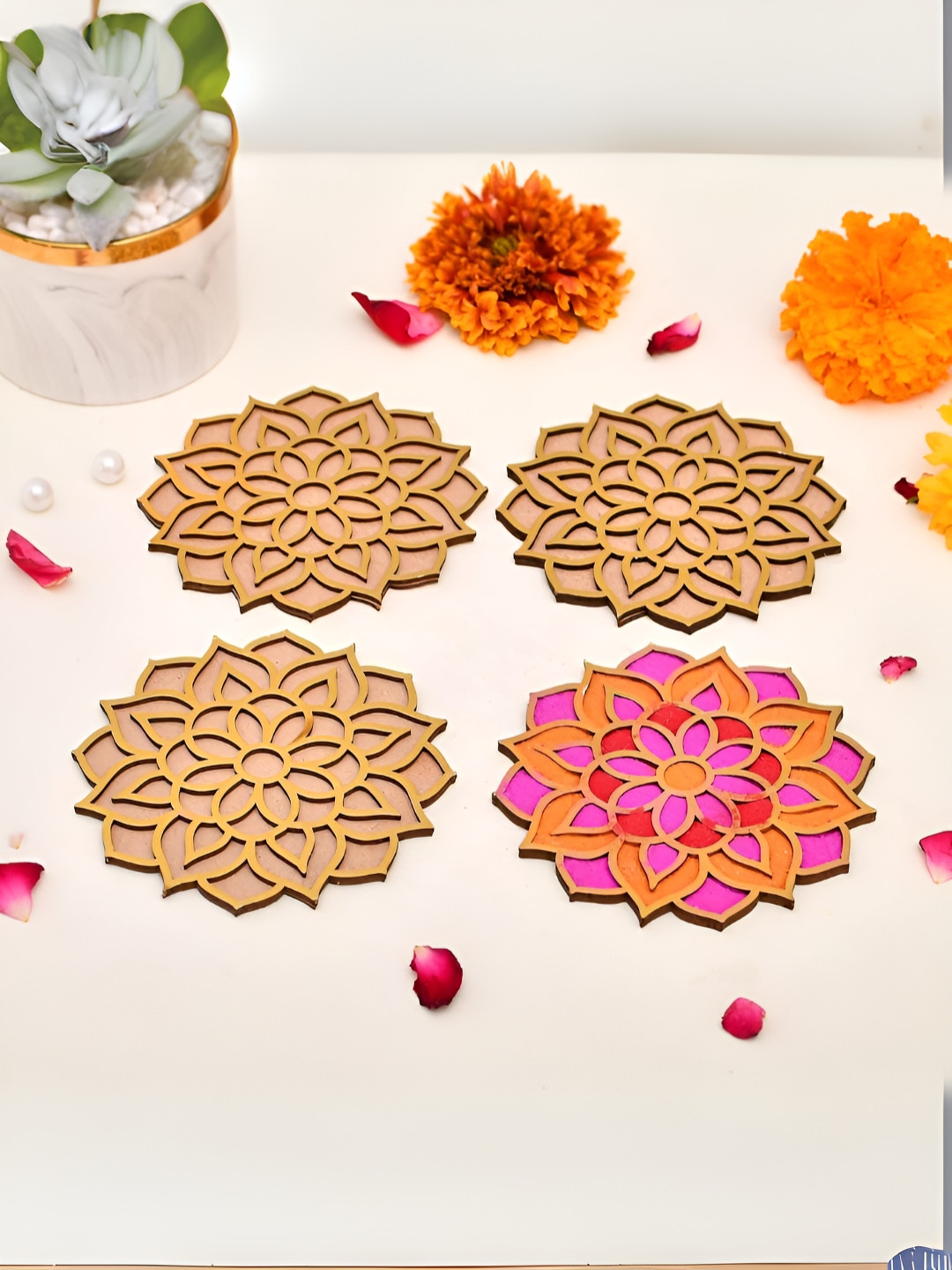CraftVatika Pink & Yellow 4 Pieces Floral Wooden Rangoli Making Tools Kits