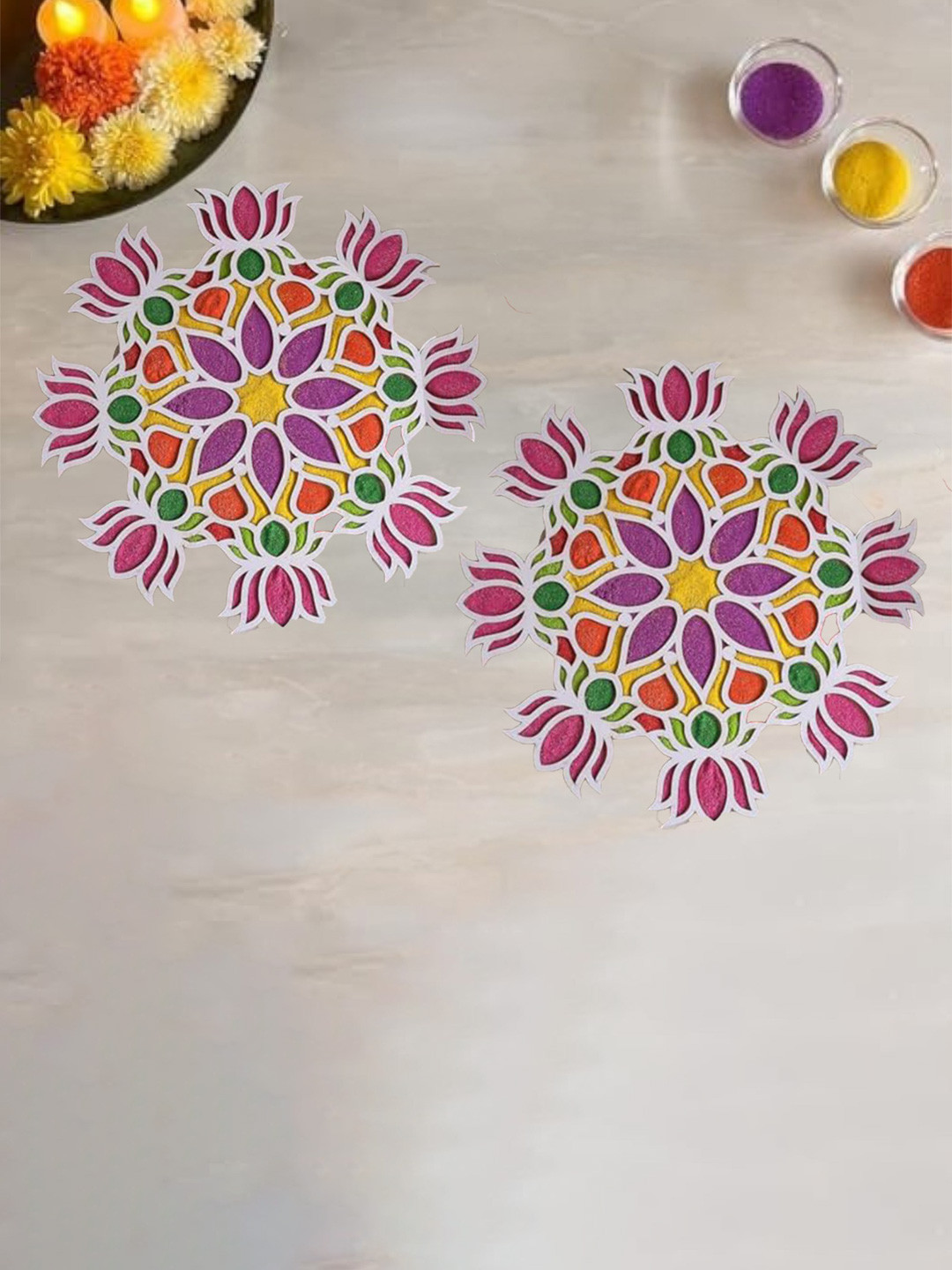 CraftVatika Brown & White 2 Pieces Floral Wooden Door Entrance Diwali Rangoli Stencil