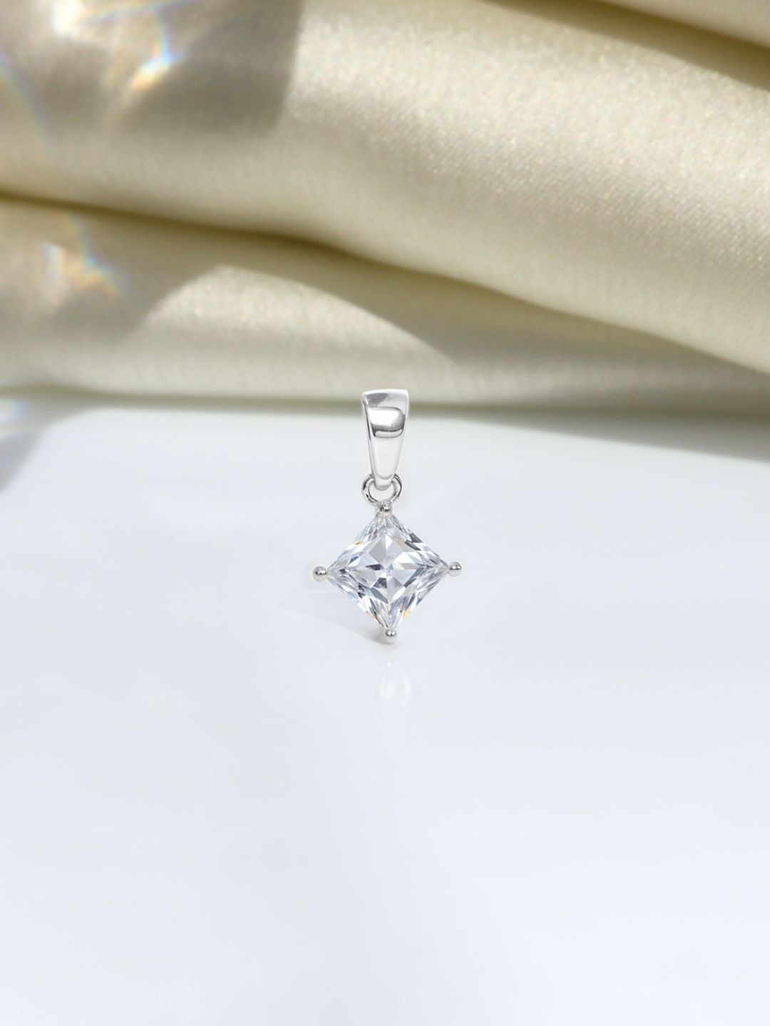 HighSpark 92.5 Sterling Silver Cubic Zirconia Studded Princess Diamond Solitaire Pendant