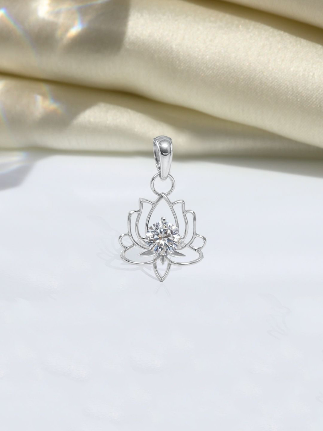 HighSpark 92.5 Sterling Silver Cubic Zirconia Studded Lotus Solitaire Pendant