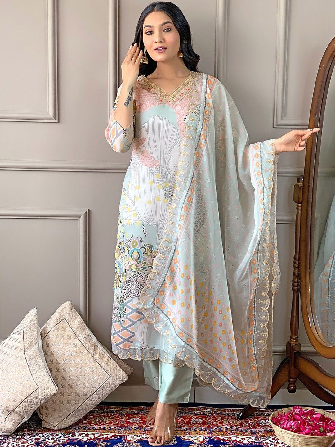 S.K.C Women Floral Printed Straight Thread Work Kurta With Trousers And Dupatta