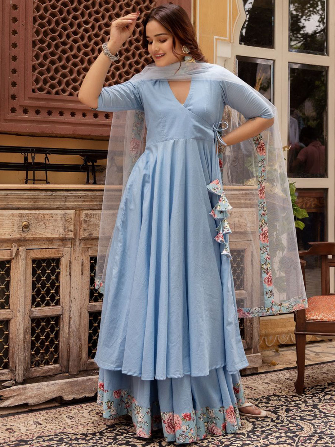 Pomcha Mandarin Collar Pure Cotton Angrakha Kurta with Skirt And Dupatta