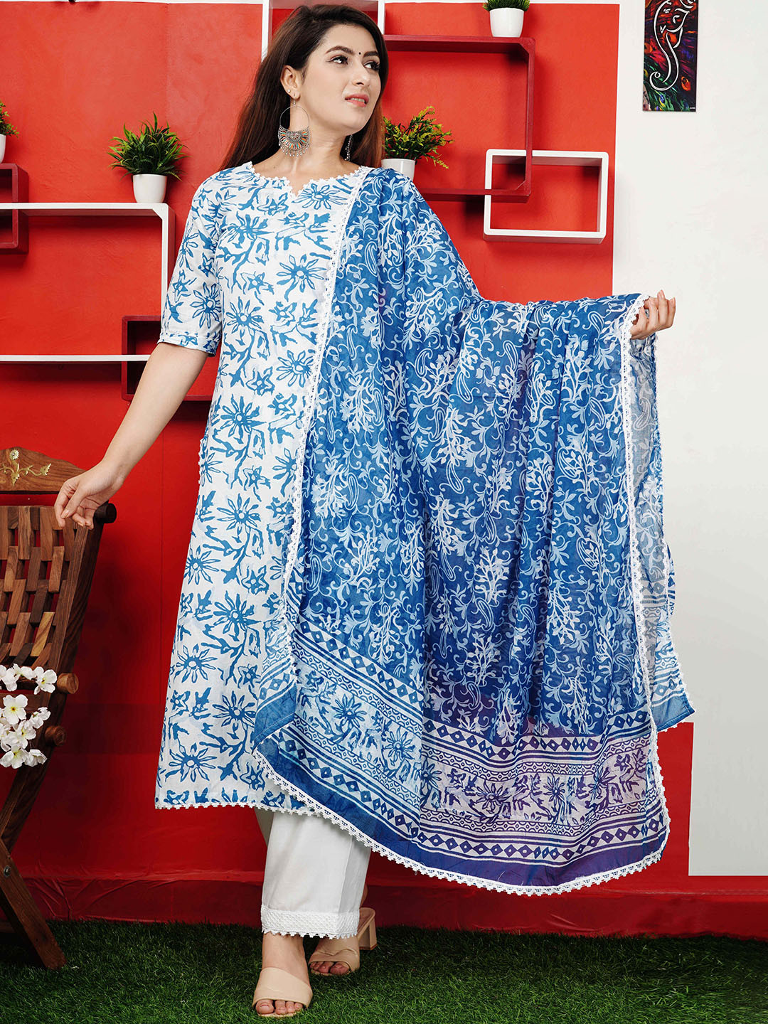 Shivaradhya Designers Floral Printed Pure Cotton Kurta With Trousers And Dupatta