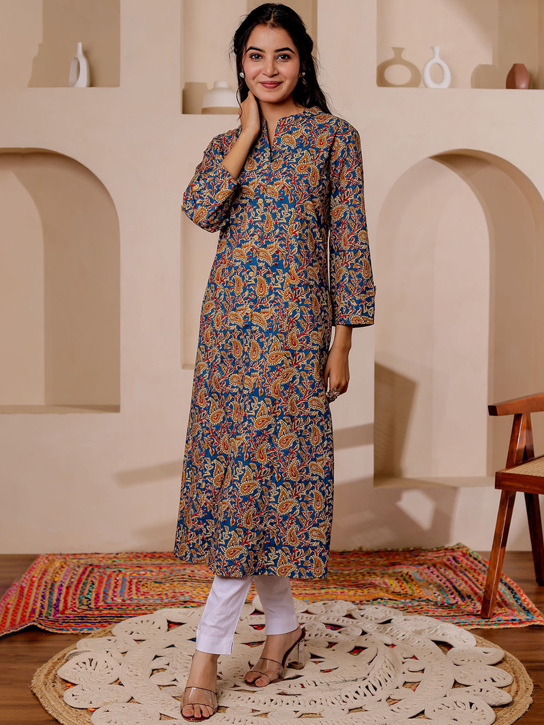 Chandbaali Women Ethnic Motifs Printed Pure Cotton Mandarin Collar A-Line Kurta