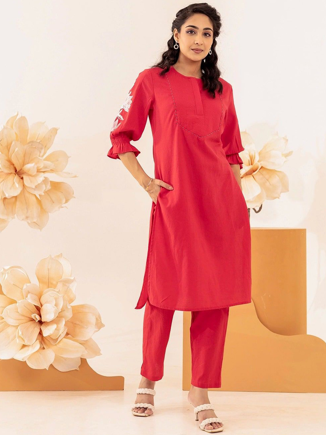 MISRI Floral Embroidered Pure Cotton Puffed Sleeves Straight Kurta With Trousers
