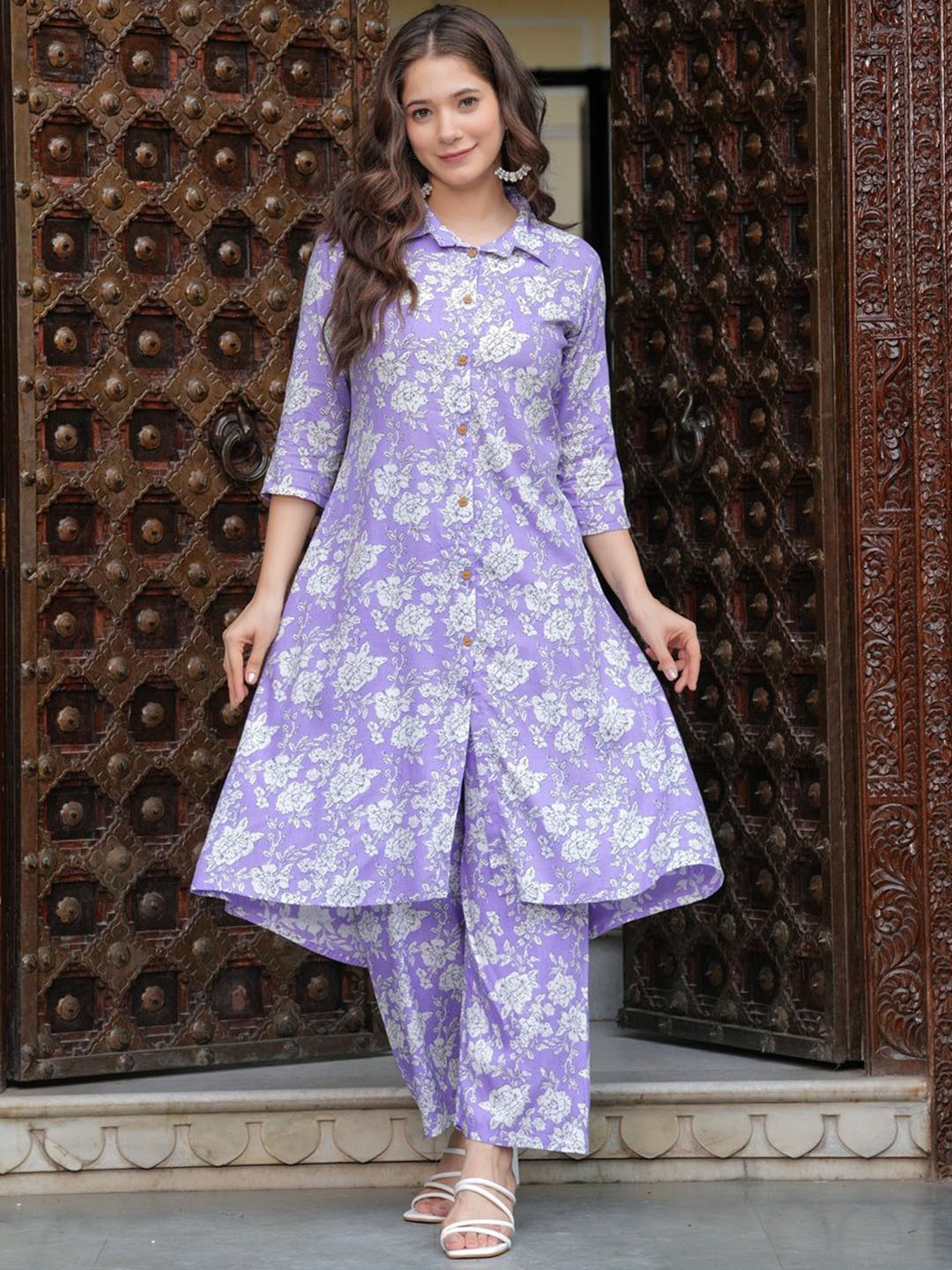 Jollity Floral Printed Shirt Collar A-Line Kurta With Palazzos