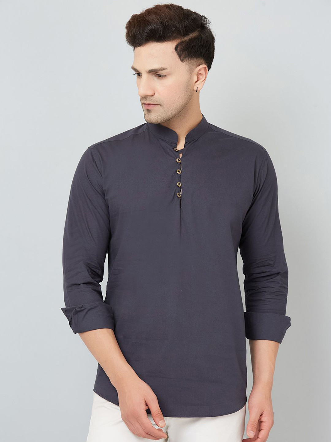 Le Mec Mandarin Collar Rolled-Up Sleeves Silm Fit Short Straight Pure Cotton Kurta