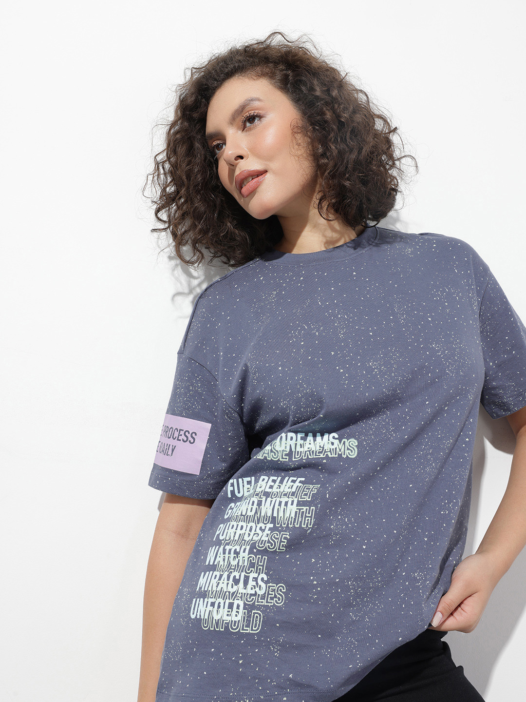 The Roadster Life Co. Typography Printed Washed Effect Pure Cotton Oversized  T-shirt