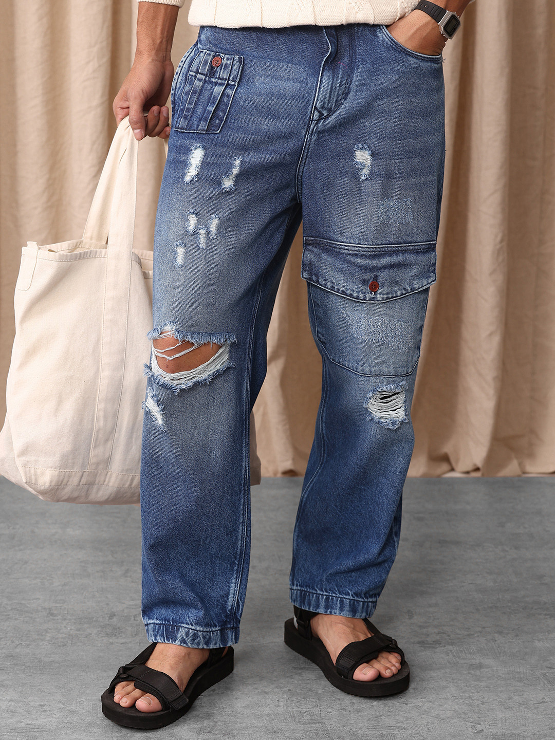 Mr Bowerbird Men Pure Cotton Oversized Fit Mildly Distressed Heavy Fade Cargo Style Jeans