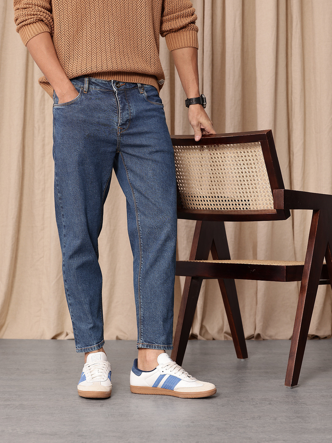 Mr Bowerbird Men Tapered Fit Mid-Rise Light Fade Cropped Stretchable Jeans