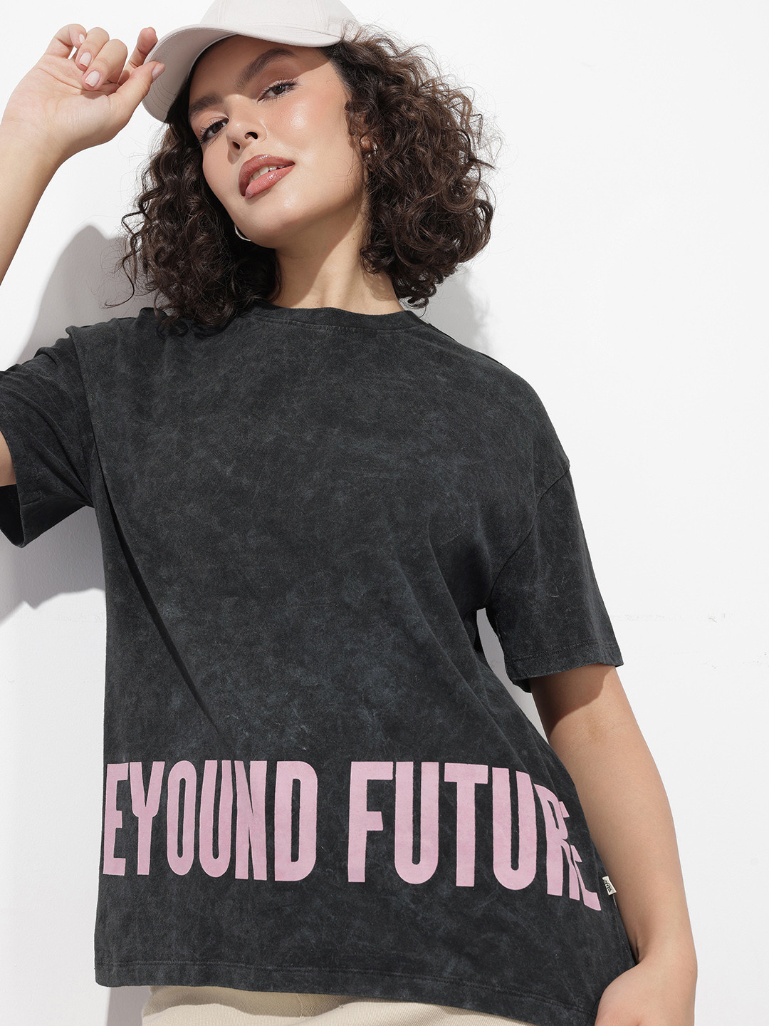 The Roadster Life Co. Typography Printed Washed Effect Pure Cotton Oversized T-shirt