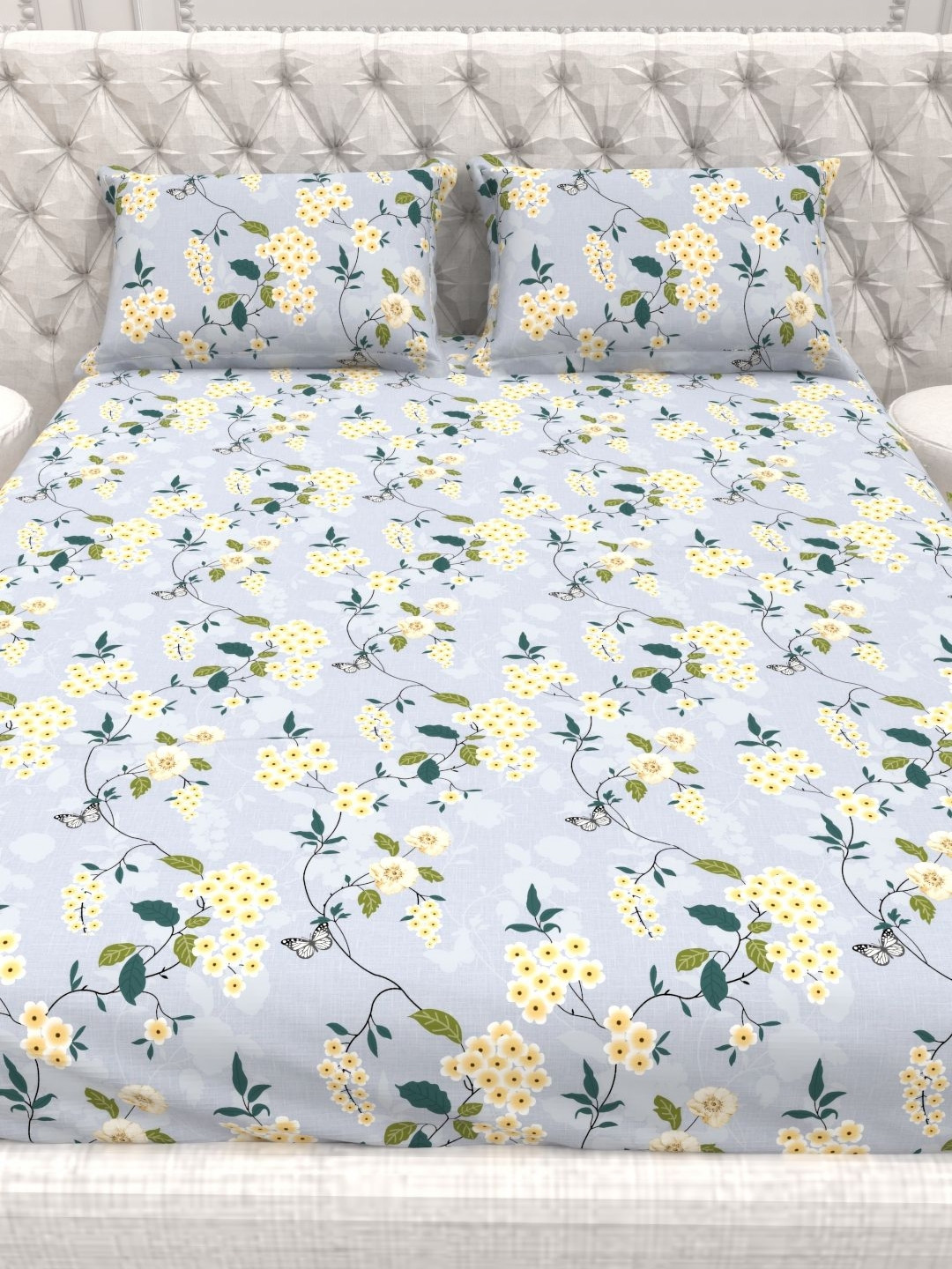 THE WHITE MOSS White & Yellow Floral 130 TC Queen Bedsheet with 2 Pillow Covers