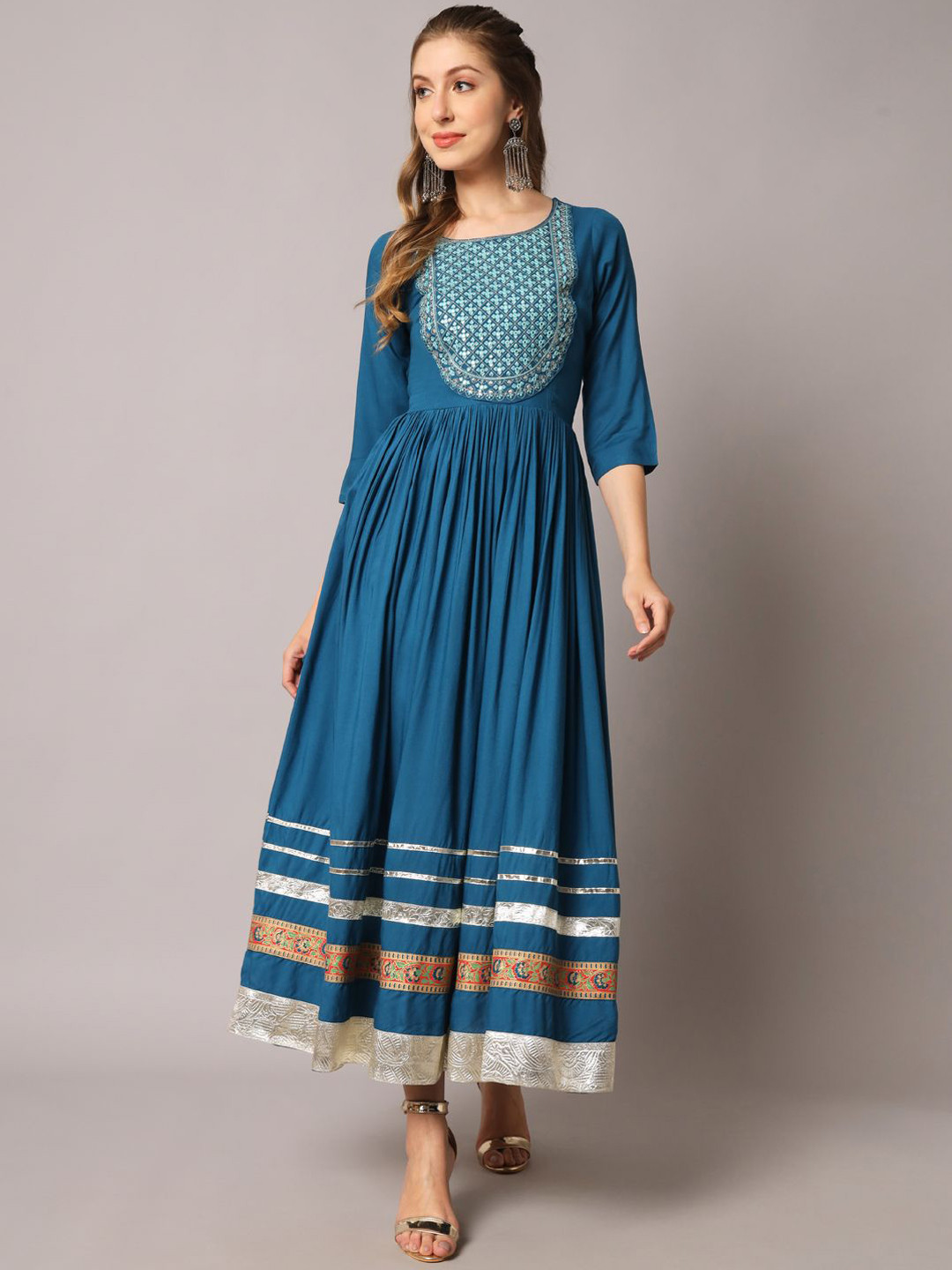 NYPA Floral Embroidered Gathered or Pleated Mirror Work Pleated Anarkali Ethnic Dress