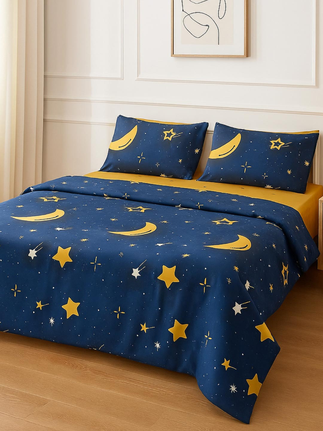 Famyo Moon & Star 250 TC King Bedsheet set with fitted bedsheet & 2 pillow covers