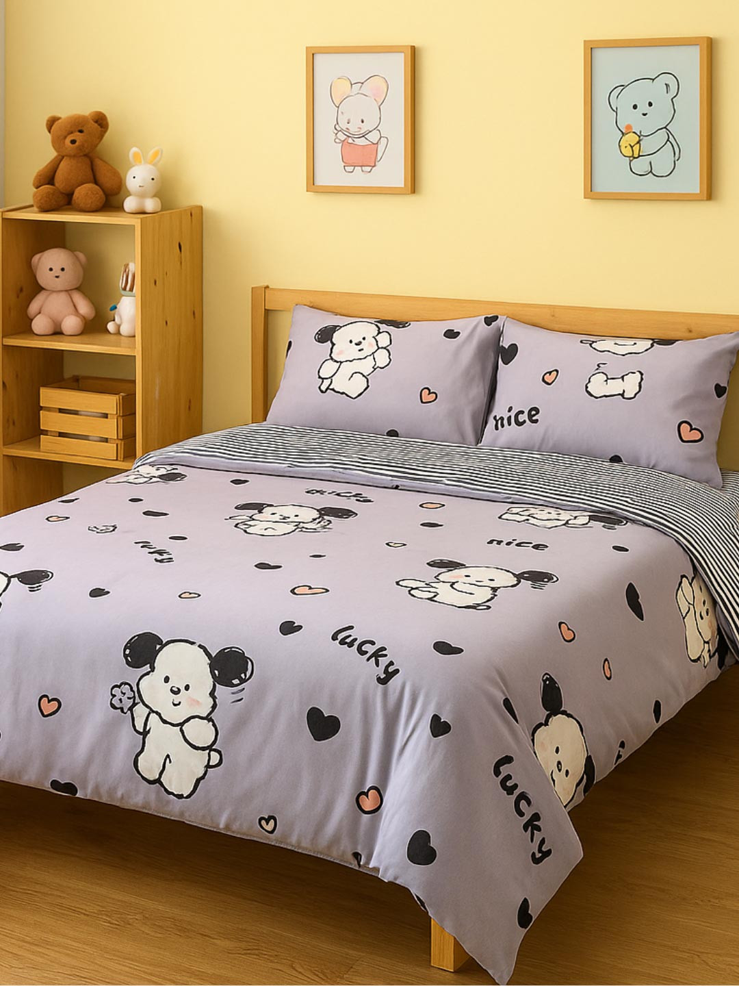 Famyo Grey Puppy 250 TC Queen Bedsheet set with fitted bedsheet & 2 pillow covers